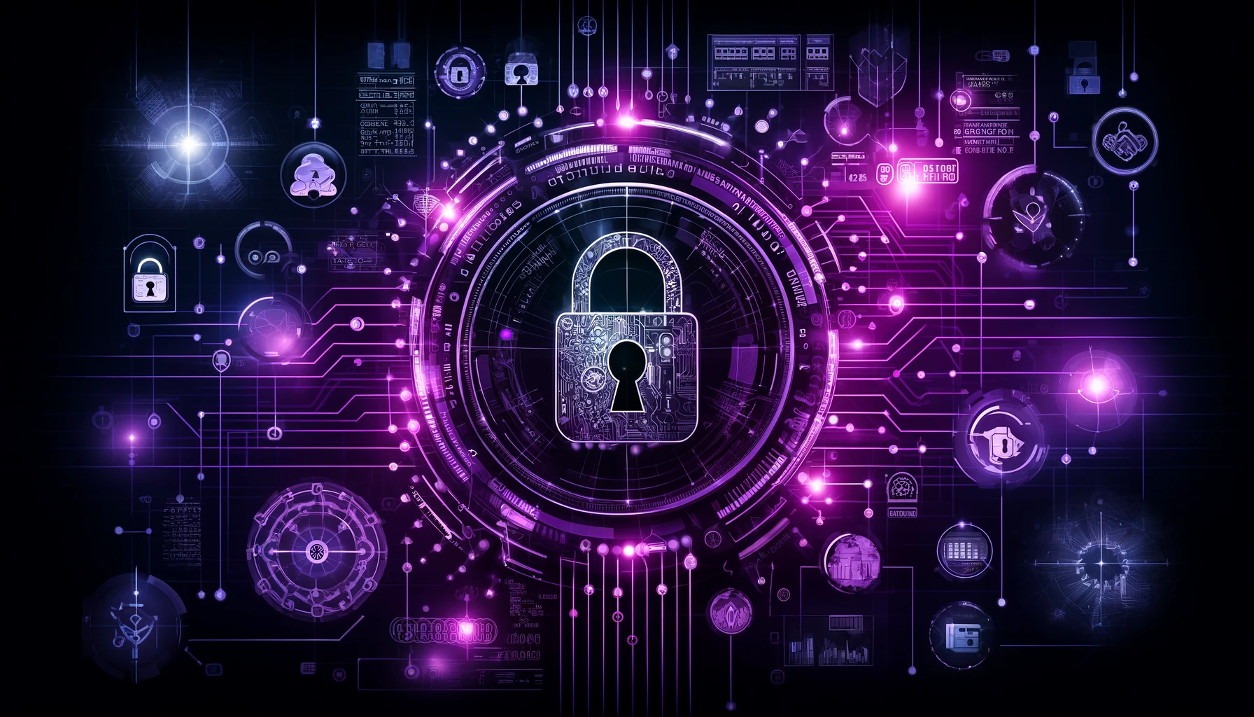 DALL·E A digital cybersecurity theme with visual elements like digital locks, firewalls, and network diagrams in shades of purple, representing a highly secu